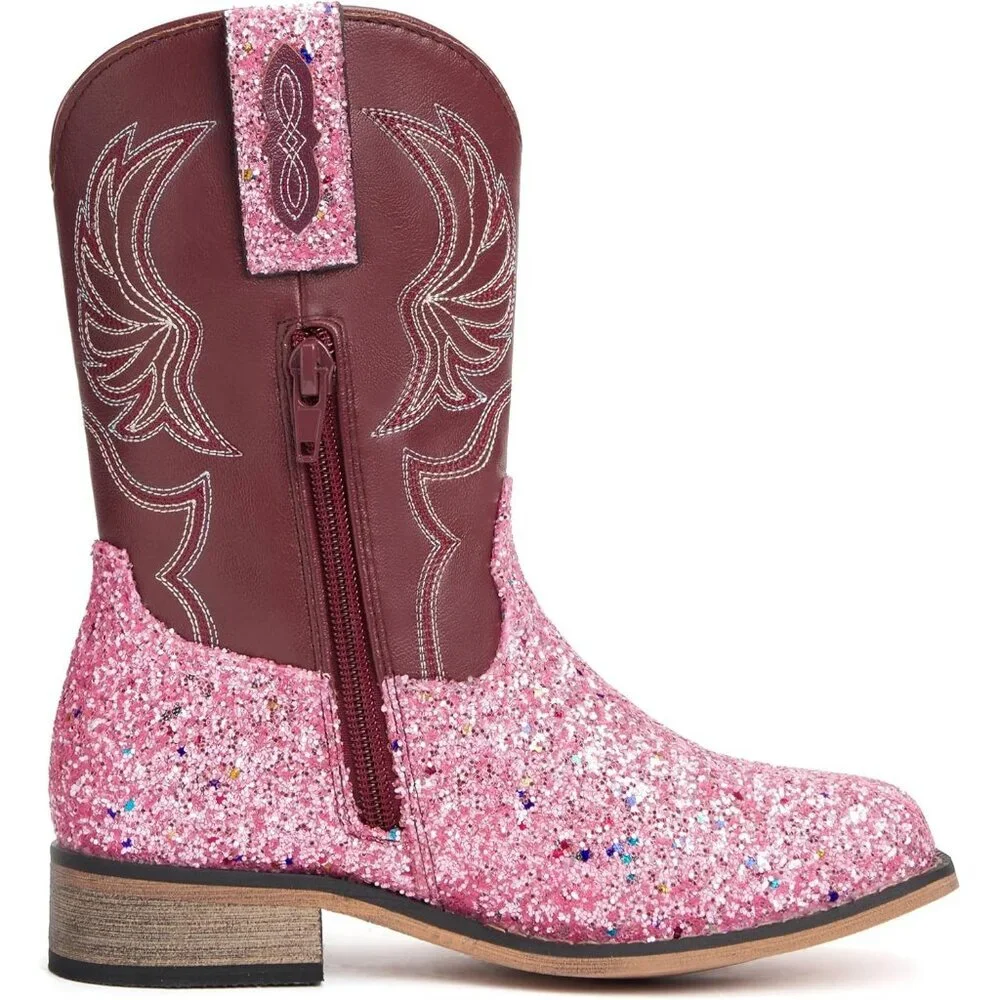 ⚡Girls Pink Sequins Embroidered Cowgirl Boots Western Square Toe Mid Calf
